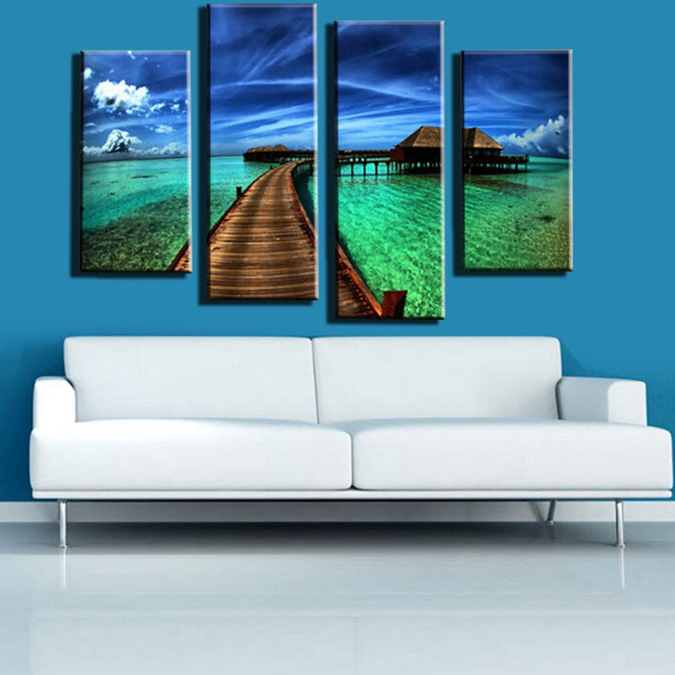 Unframed 4 Pieces Blue Sky And Green Grass Landscape HD Art Printed Picture Modern Home Decor For Wall Art Painting