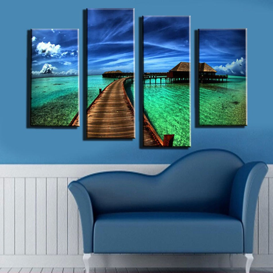 Unframed 4 Pieces Blue Sky And Green Grass Landscape HD Art Printed Picture Modern Home Decor For Wall Art Painting