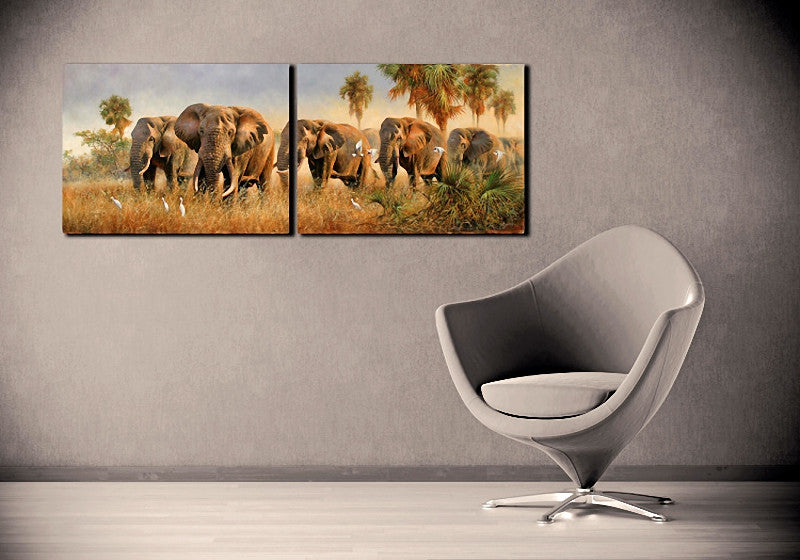 2 Pieces Wall Picture Elephants in The Grassland Canvas Prints Wild Animal Painting for Living Room Home Decor
