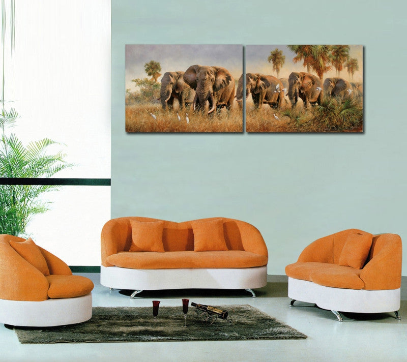 2 Pieces Wall Picture Elephants in The Grassland Canvas Prints Wild Animal Painting for Living Room Home Decor