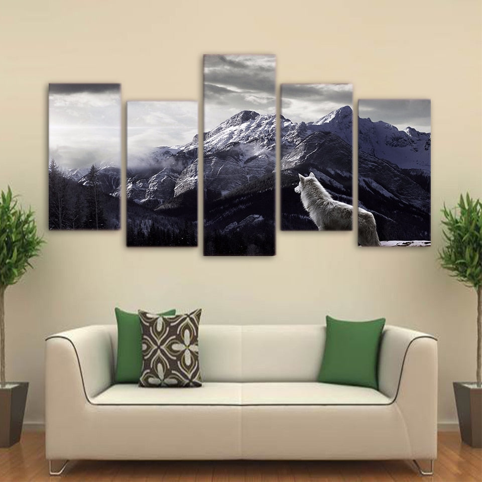 5 Pieces Snow Mountain Plateau Wolf Paintings Posters