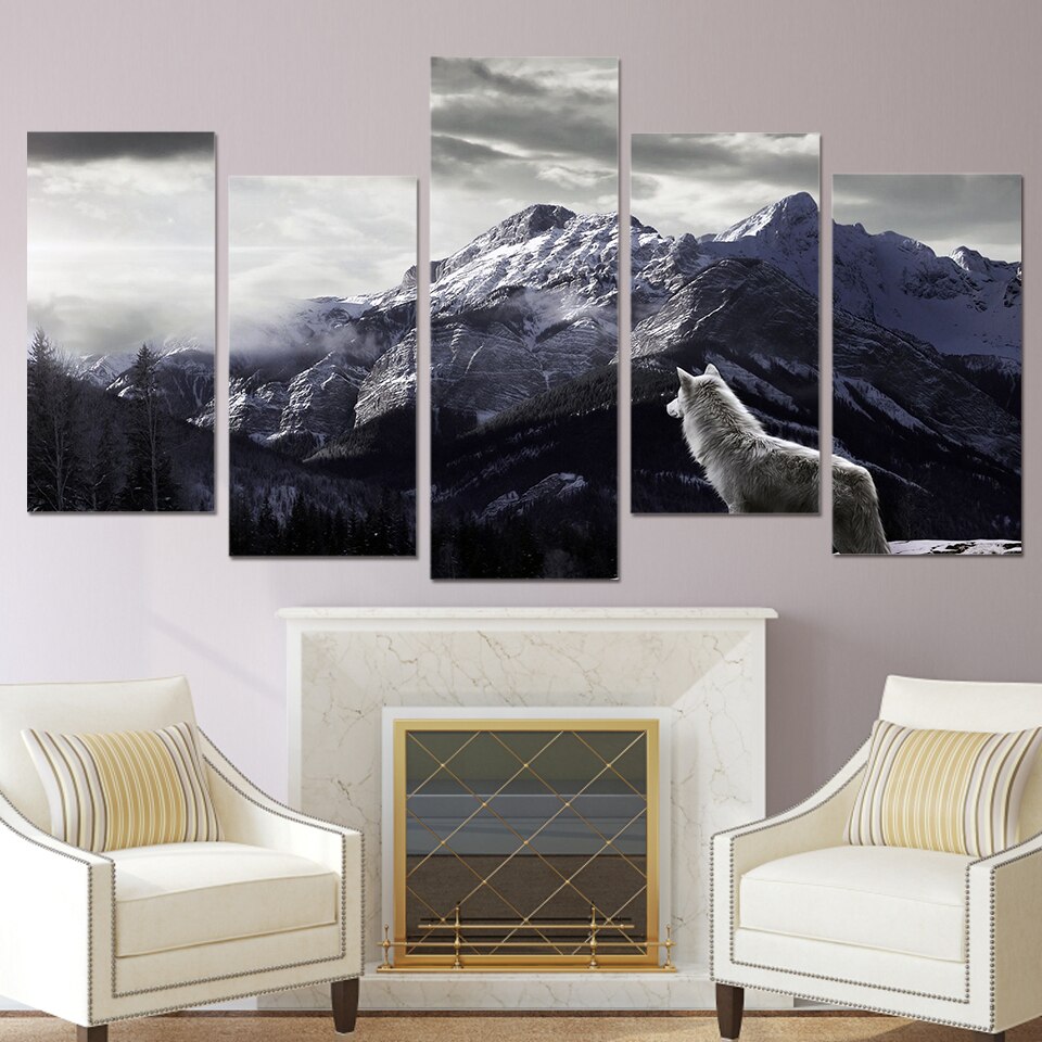 5 Pieces Snow Mountain Plateau Wolf Paintings Posters