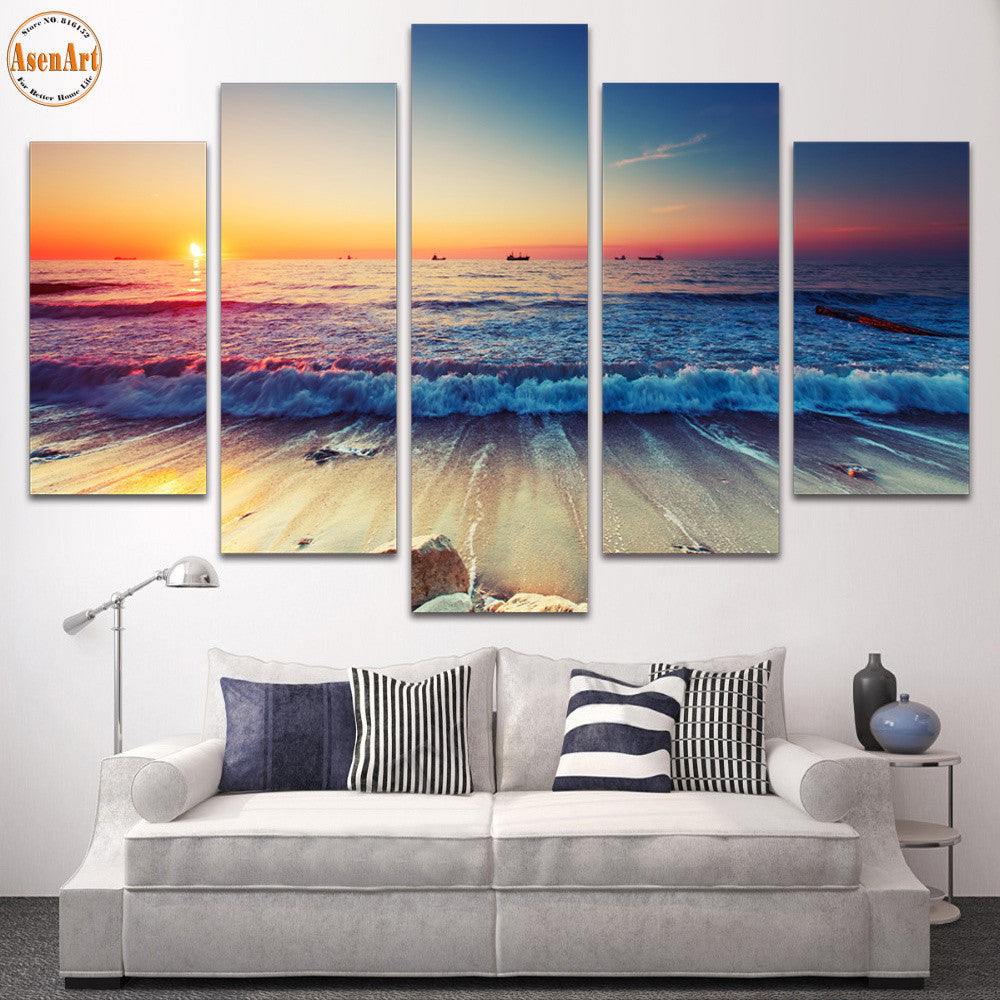 5 Panel Wall Art Seaside Landscape Painting Sunset Seascape Canvas Prints Home Decor Picture for Living Room Unframed