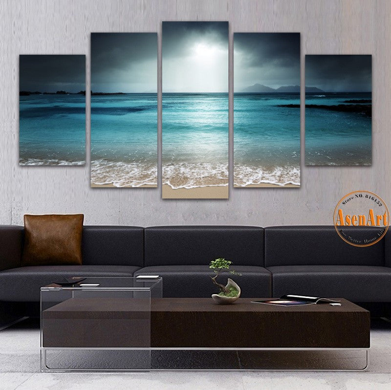 5 Panel Canvas Art Seascape Beach Canvas Prints Sky Grey Landscape Wall Murals for Living Room Modern Home Decoration Unframed