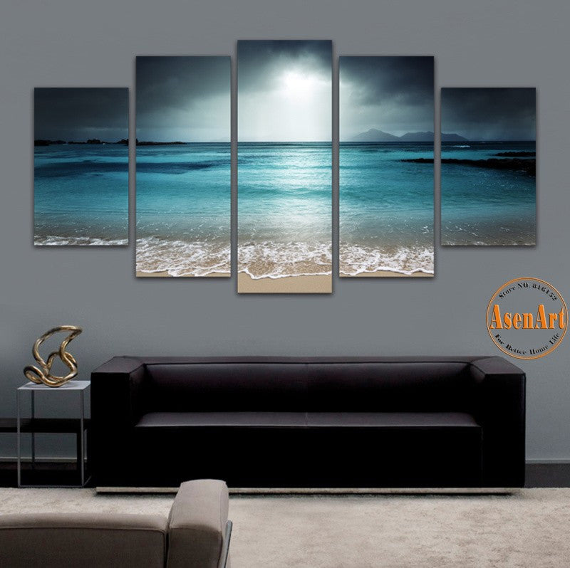 5 Panel Canvas Art Seascape Beach Canvas Prints Sky Grey Landscape Wall Murals for Living Room Modern Home Decoration Unframed