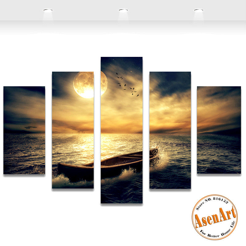 5 Panel Sunset Seascape Painting Single Boat Picture for Living Room Home Decor Wall Art Canvas Prints Artwork Unframed