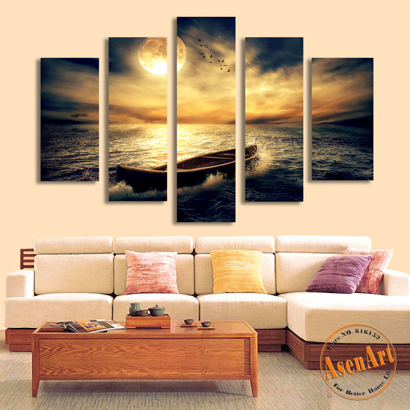 5 Panel Sunset Seascape Painting Single Boat Picture for Living Room Home Decor Wall Art Canvas Prints Artwork Unframed