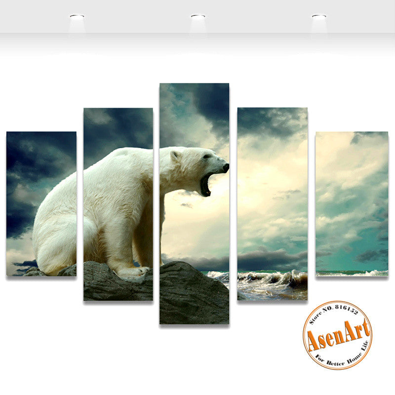 5 Panel Picture Polar Bear Painting Animal Painting for Living Room Modern Home Decoration Wall Art Canvas Prints Unframed