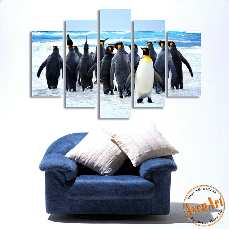 5 Piece Wall Art Penguin Animal Painting Sea Snow Landscape Painting for Living Room Modern Home Decor Canvas Prints Unframed