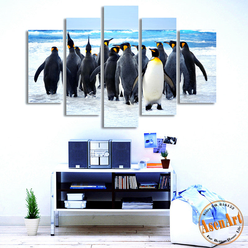 5 Piece Wall Art Penguin Animal Painting Sea Snow Landscape Painting for Living Room Modern Home Decor Canvas Prints Unframed