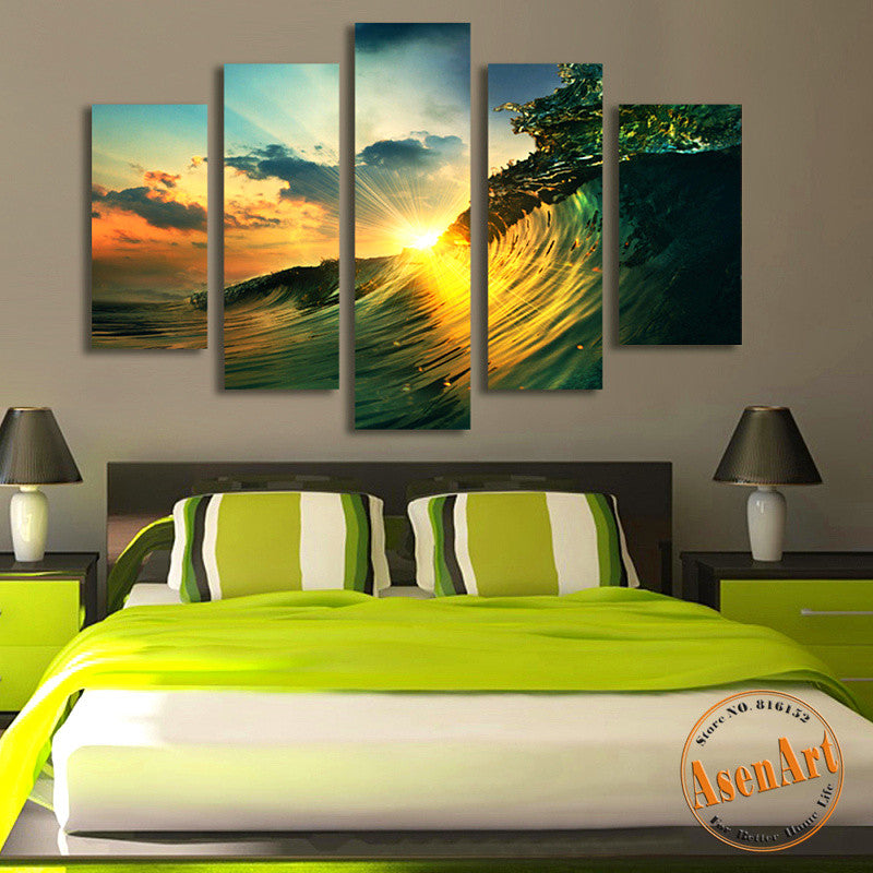 5 Panel Sunset Seascape Painting Sea Wave Picture for Bedroom Modern Home Decor Wall Art Canvas Prints Unframed