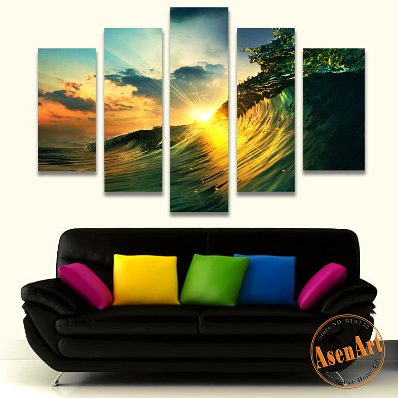 5 Panel Sunset Seascape Painting Sea Wave Picture for Bedroom Modern Home Decor Wall Art Canvas Prints Unframed