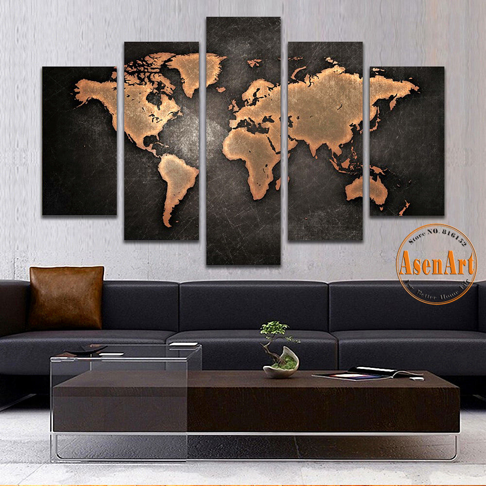 5 Panel Vintage World Map Canvas Painting Prints On Canvas Wall Art Picture Home Decoration for Living Room Unframed