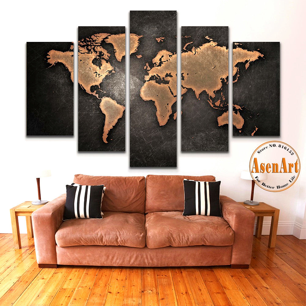 5 Panel Vintage World Map Canvas Painting Prints On Canvas Wall Art Picture Home Decoration for Living Room Unframed