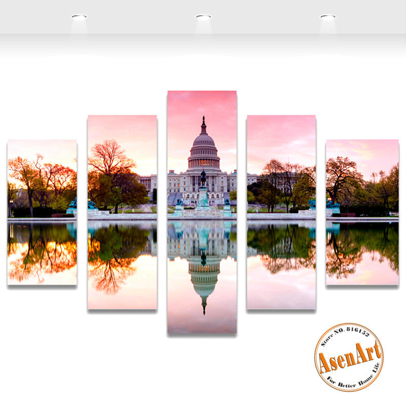 5 Panel Wall Art White House Painting Modern Home on the Canvas Prints Picture for Living Room Wall Decor Unframed