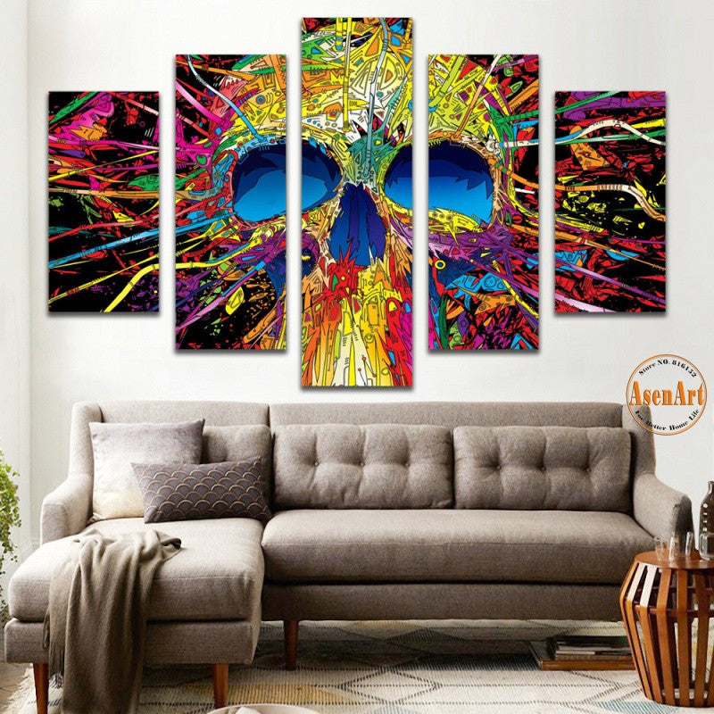 5 Panel Wall Art Canvas Prints Colorful Skull Paintings Wall Pictures for Living Room Modern Home Decoration Unframed