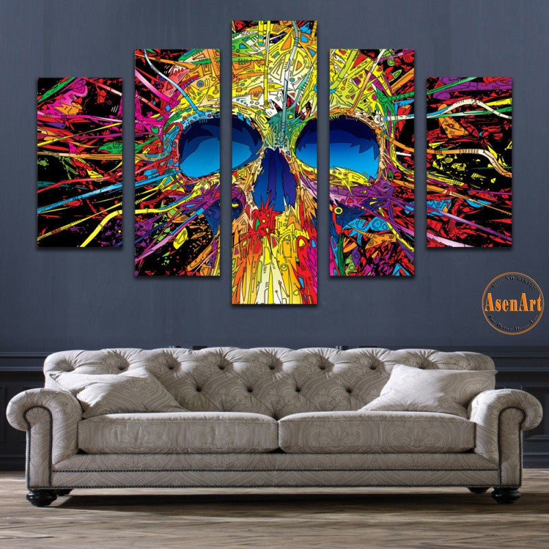5 Panel Wall Art Canvas Prints Colorful Skull Paintings Wall Pictures for Living Room Modern Home Decoration Unframed