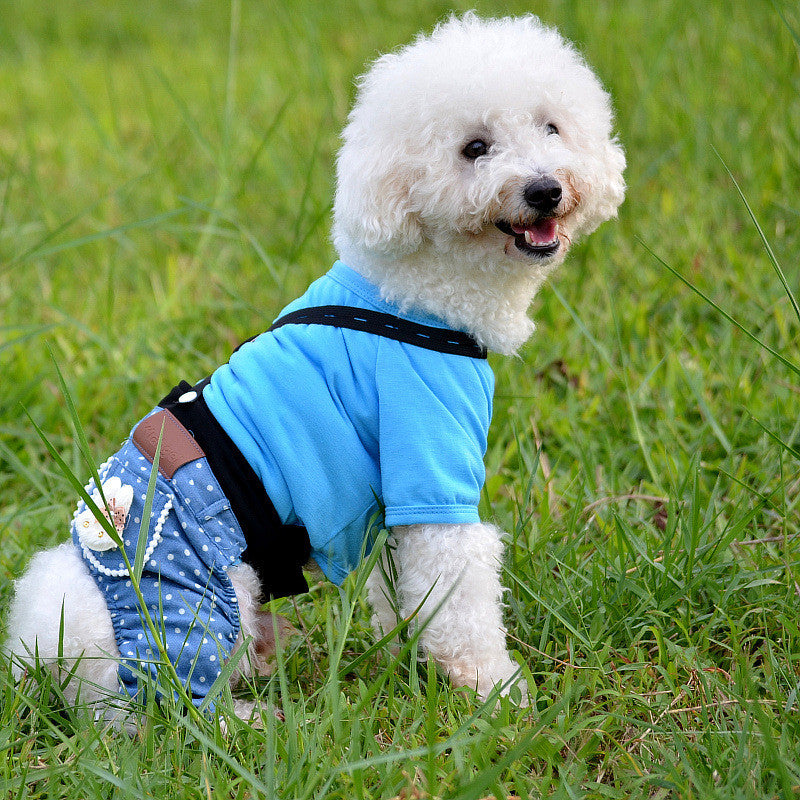 Free shipping Dog Clothes Cotton Tops With Denim Pants  Pet Strap Overalls Casual Denim Four Legs Dog jumpsuits XS-XL