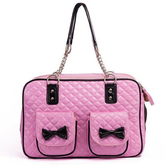 Super Cute Pink Dog Carrier Bags PU Leather Quilted with Chain