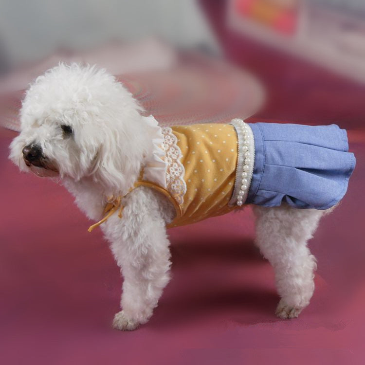 Pleat Dog Summer Dress Polka Dot with Pearl Waist Shoulder Knot