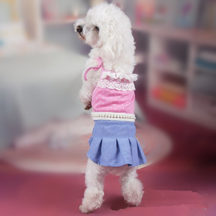 2015 Pet Dog Dress Pleat Dog Summer Dress Polka Dot with Pearl Waist Shoulder Knot Lovable Dog Dress Pink XS to XL Free Shipping