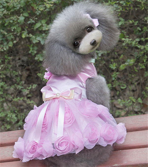 Small Pet Dog Wedding Dress Cat Puppy Princess Skirt Dog Clothes 3D Rose&Pearl Dog Tutu Dress Summer Pink&Purple