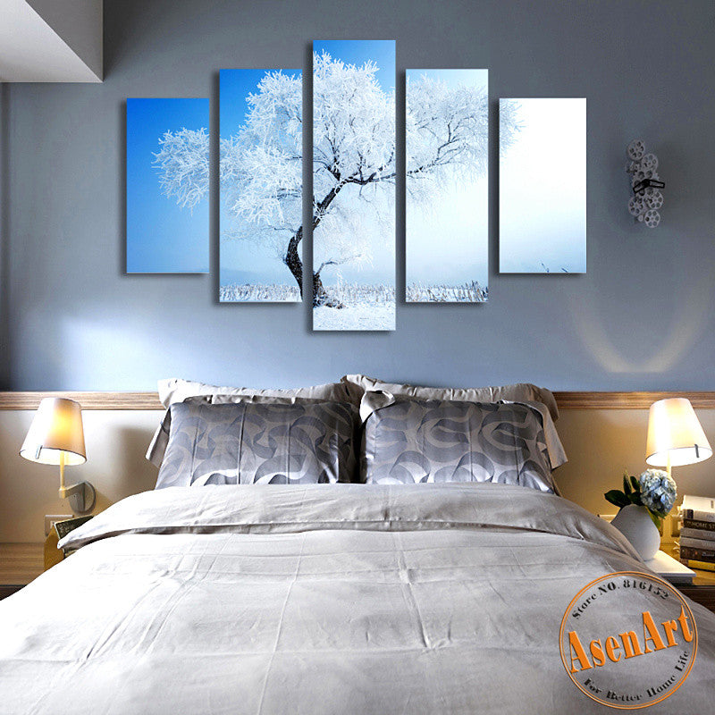 5 Panel Winter Snow Paintings Modern Tree Painting Canvas Prints Artwork Picture for Living Room Home Decor Wall Art Unframed
