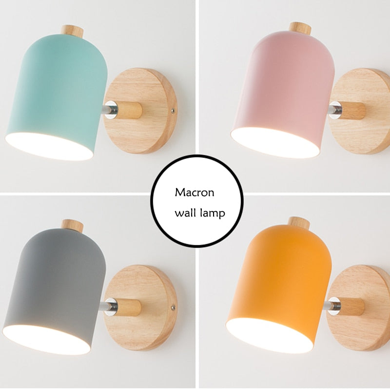 Nordic Wooden Wall lights bedside wall Lamp Wall Sconce for bedroom reading 6 color Macaroon steering Head E27 Home Lighting