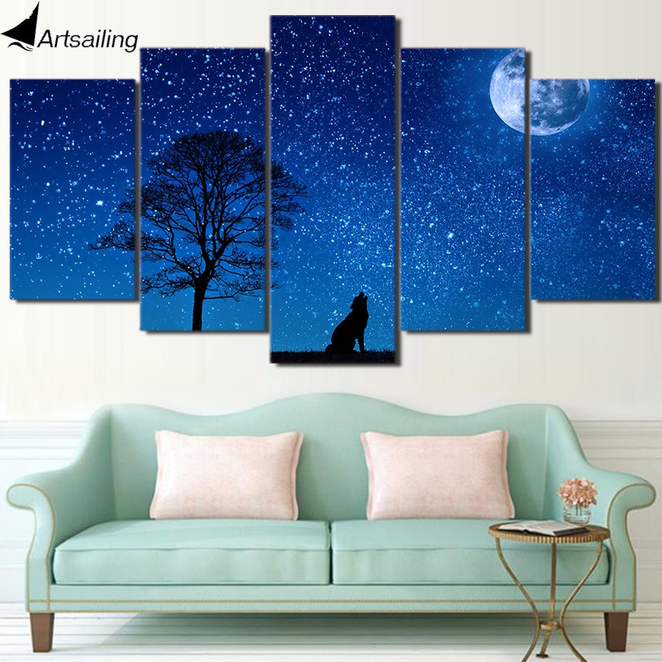 5 Pieces Moon night Howling Wolf Canvas Paintings