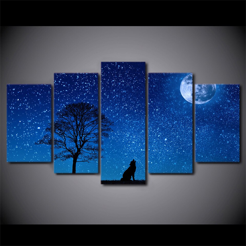 5 Pieces Moon night Howling Wolf Canvas Paintings