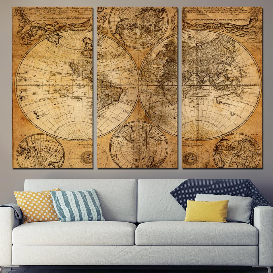 HD Printed 3 piece canvas art  world map canvas ancient map painting wall pictures for living room ny-6243