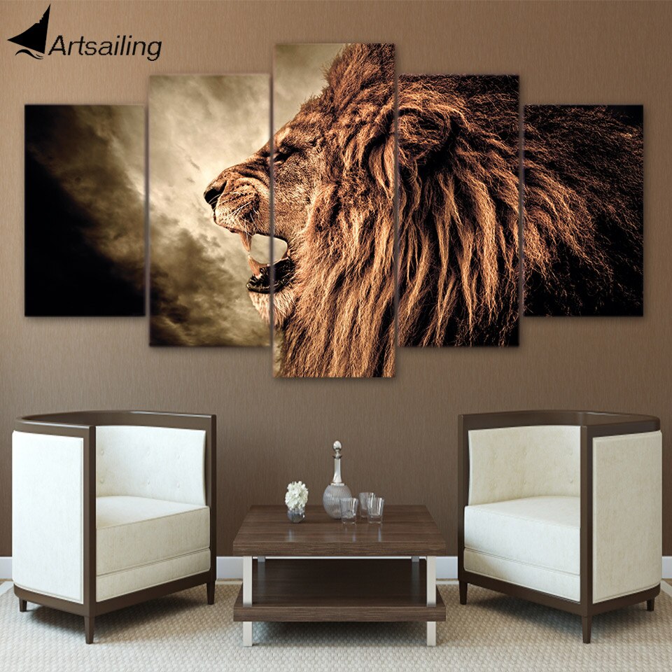5 Panel Canvas Howling Lion Paintings Print