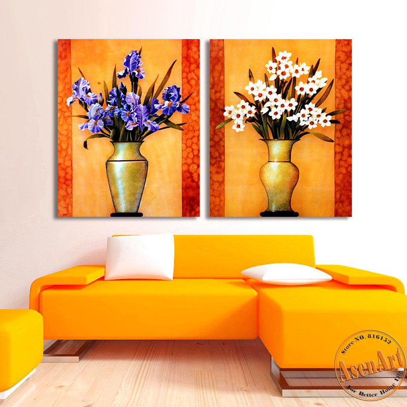 2 Piece Set Purple White Flower Picture Art Vase Painting for Living Room Modern Wall Art Canvas Prints No Frame