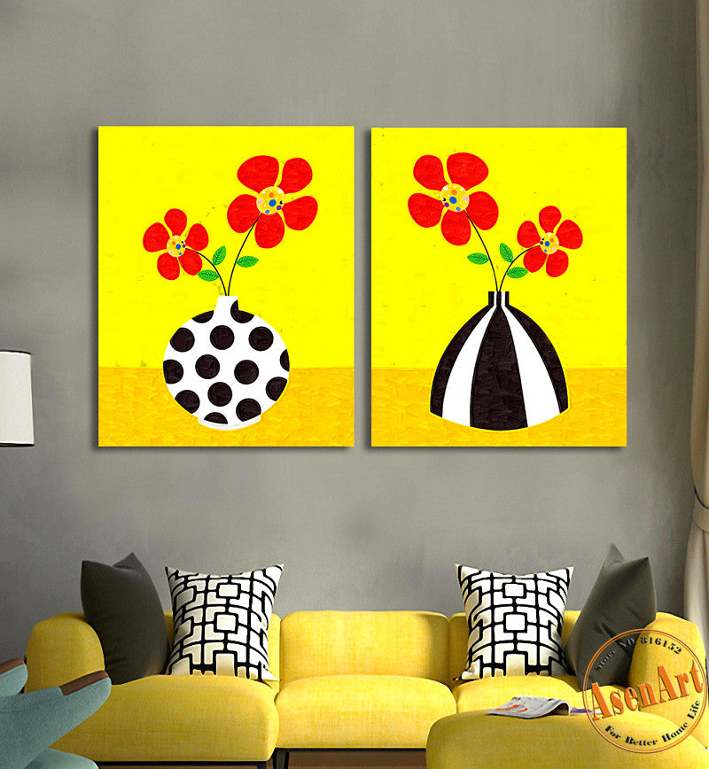 2 Piece Set Cartoon Red Flower Picture Art Vase Painting for Living Room Modern Wall Art Canvas Prints No Frame