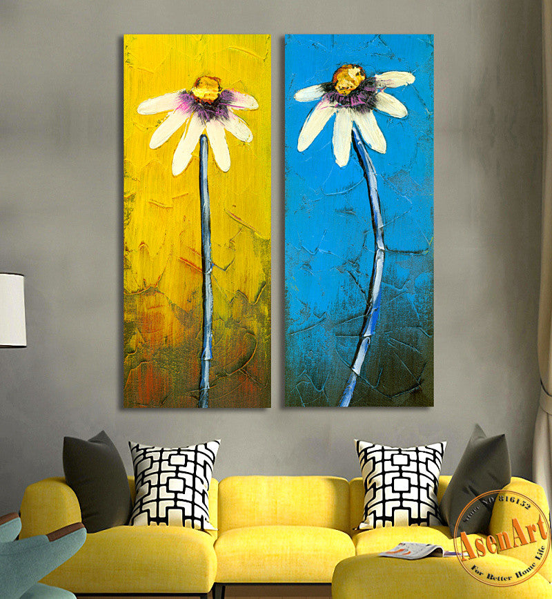 2 Piece Set Daisy White Flower Painting Palette Knife Painting Canvas Prints Wall Picture for Dining Room Unframed