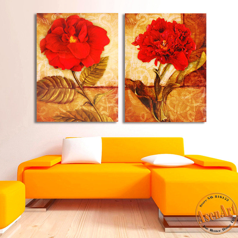 2 Piece Set Peony Red Flower Picture Art Vintage Painting for Living Room Modern Wall Art Canvas Prints No Frame