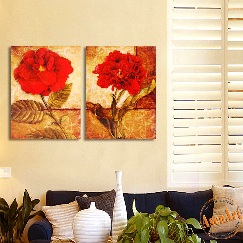 2 Piece Set Peony Red Flower Picture Art Vintage Painting for Living Room Modern Wall Art Canvas Prints No Frame