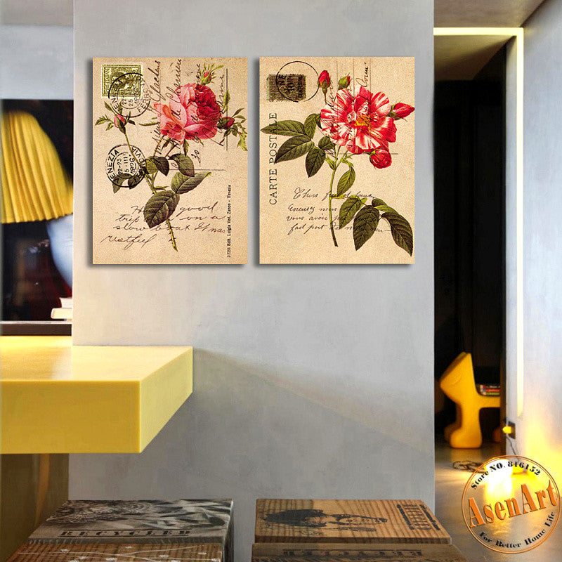 2 Piece Set Envelope Peony Red Flower Picture Art Vintage Painting for Living Room Wall Art Canvas Prints No Frame