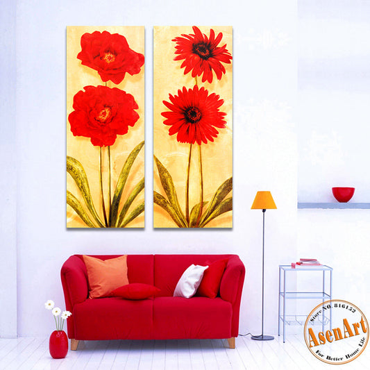 2 Panel Vintage Red Flowers Painting Wall Pictures for Living Room Home Decoration Wall Art Canvas Prints Unframed