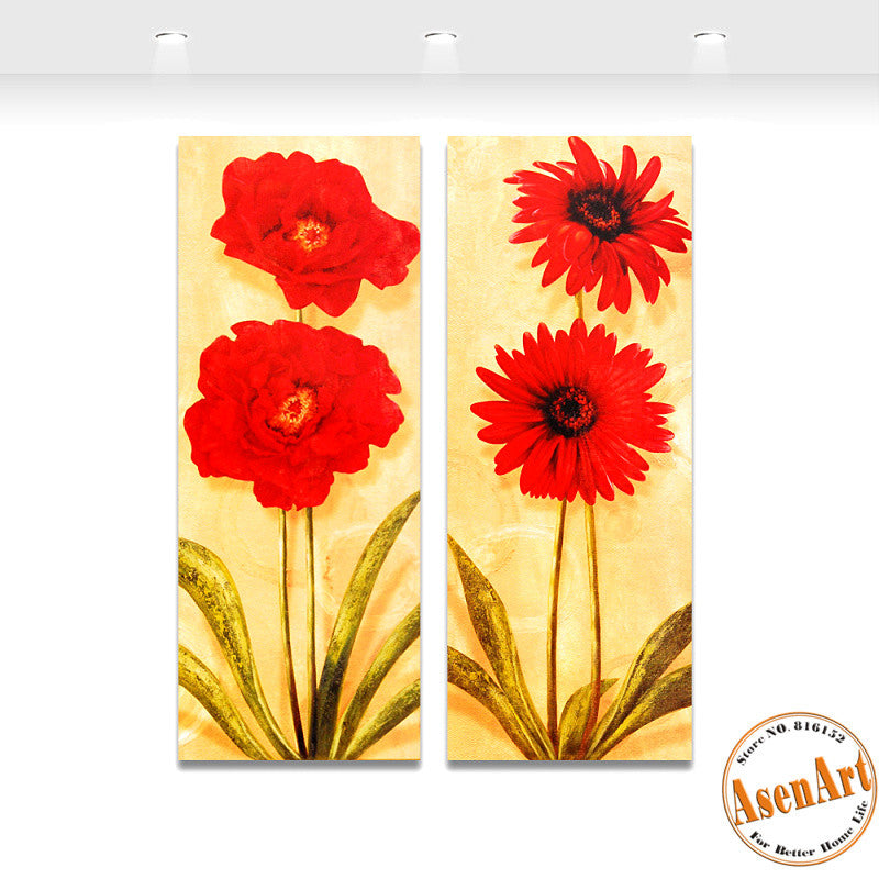 2 Panel Vintage Red Flowers Painting Wall Pictures for Living Room Home Decoration Wall Art Canvas Prints Unframed