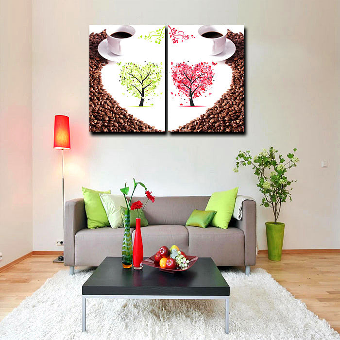 2 Pieces Set Coffee Love Heart Tree Painting Canvas Print Mural Art for Home Living Cafe Wall Decor