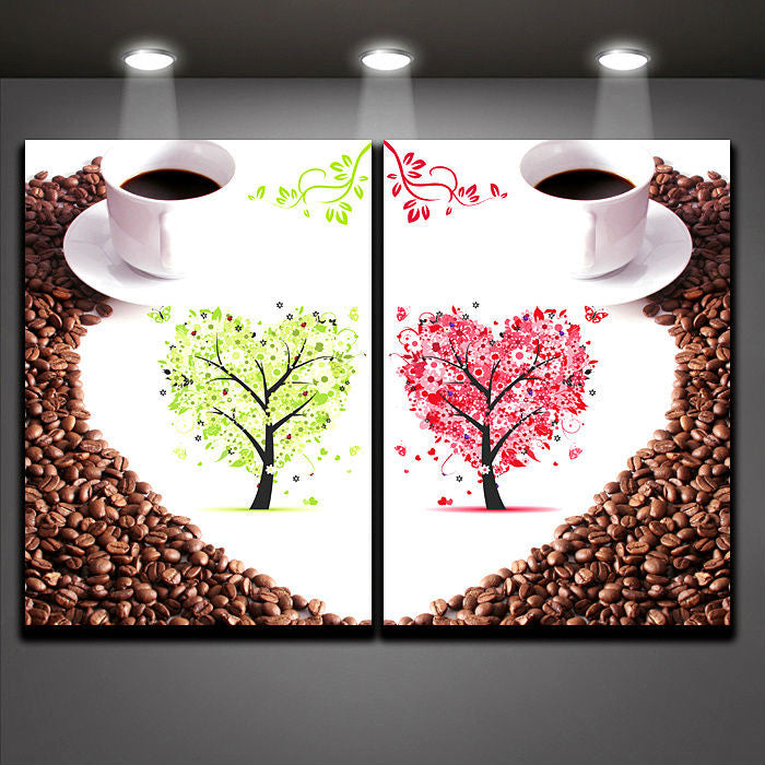 2 Pieces Set Coffee Love Heart Tree Painting Canvas Print Mural Art for Home Living Cafe Wall Decor