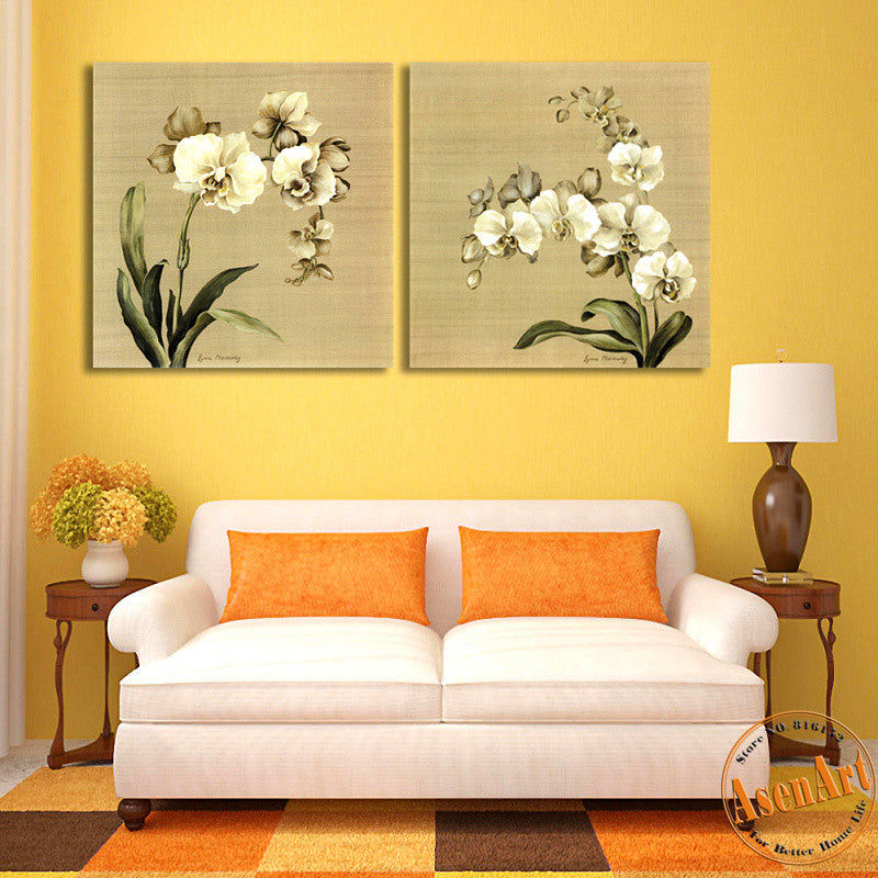 2 Panel Butterfly Orchid White Flower Painting Picture for Living Room Wall Decor Canvas Prints Artwork No Frame