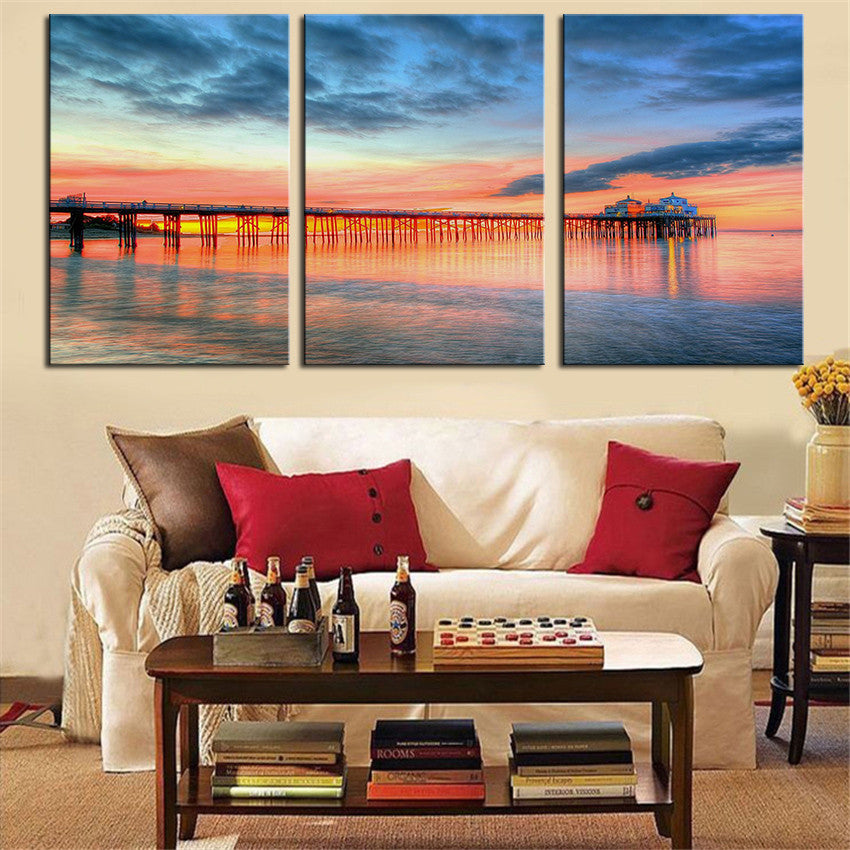 NO FRAME 3pcs beautiful malibu pier at sunset Printed Oil Painting On Canvas wall Painting for Home Decor Wall picture