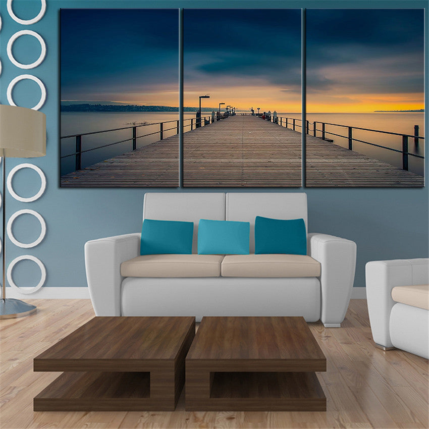 NO FRAME 3pcs wooden pier towards the golden sunset Printed Oil Painting On Canvas wall Painting for Home Decor Wall picture