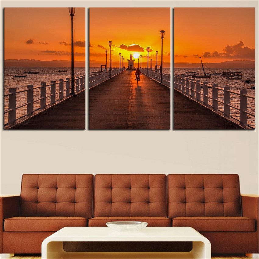 NO FRAME 3pcs sunset clouds nature pier ocean view sky Printed Oil Painting On Canvas wall Painting for Home Decor Wall picture