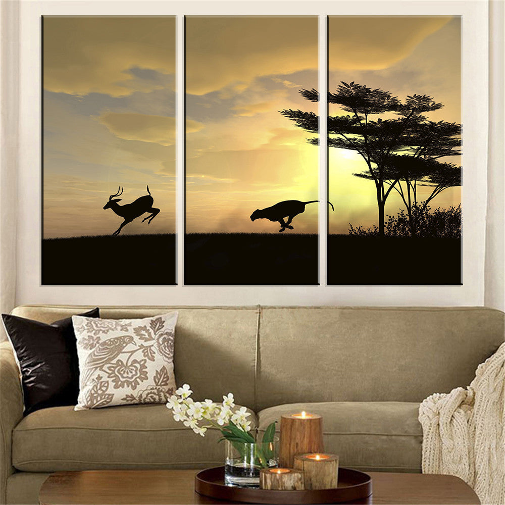 No Frame Canvas Painting Wolf Deer Grasslands To Chase Art Poster Oil Picture Wall Pictures landscape Seting Sun Home Decor 3Pcs