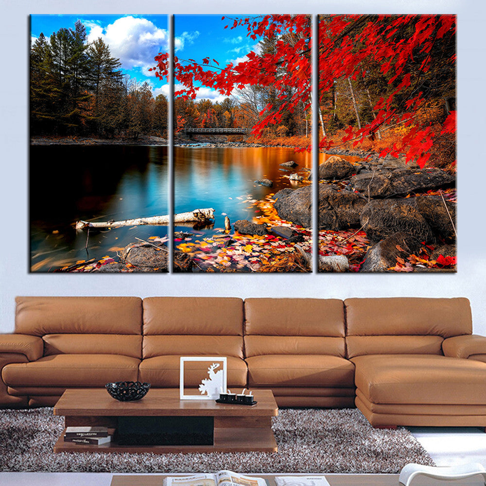 Canvas Painting Red Lake Tree Landscape Quadros Decoration Oil Picture Scenery Wall Art Picture for Living Room No Frame 3 Piece