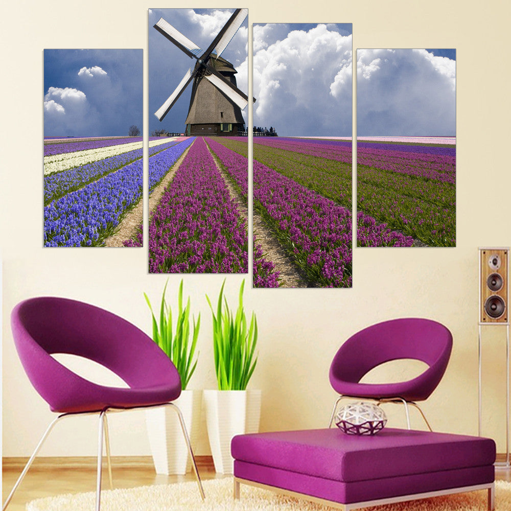 Hot Frameless Lavender Canvas Art Poster Provence Landscape Home Decor Oil Painting for Living Room (5 Color Availble) 4 Pieces