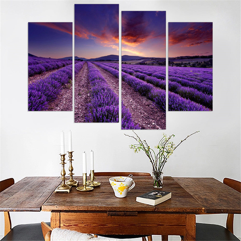 Hot Frameless Lavender Canvas Art Poster Provence Landscape Home Decor Oil Painting for Living Room (5 Color Availble) 4 Pieces